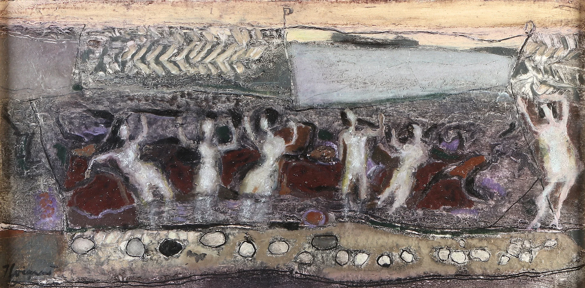 JAMES COIGNARD. Blandteknik på duk. Komposition med figurer. Signerad. Otydligt betitlad a tergo. — Paintings — Skånes Auktionsverk