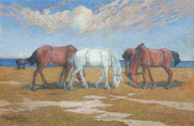 HUGO CARLBERG. Oljemålning på duk. Betande hästar i landskap. Signerad och daterad 1904.