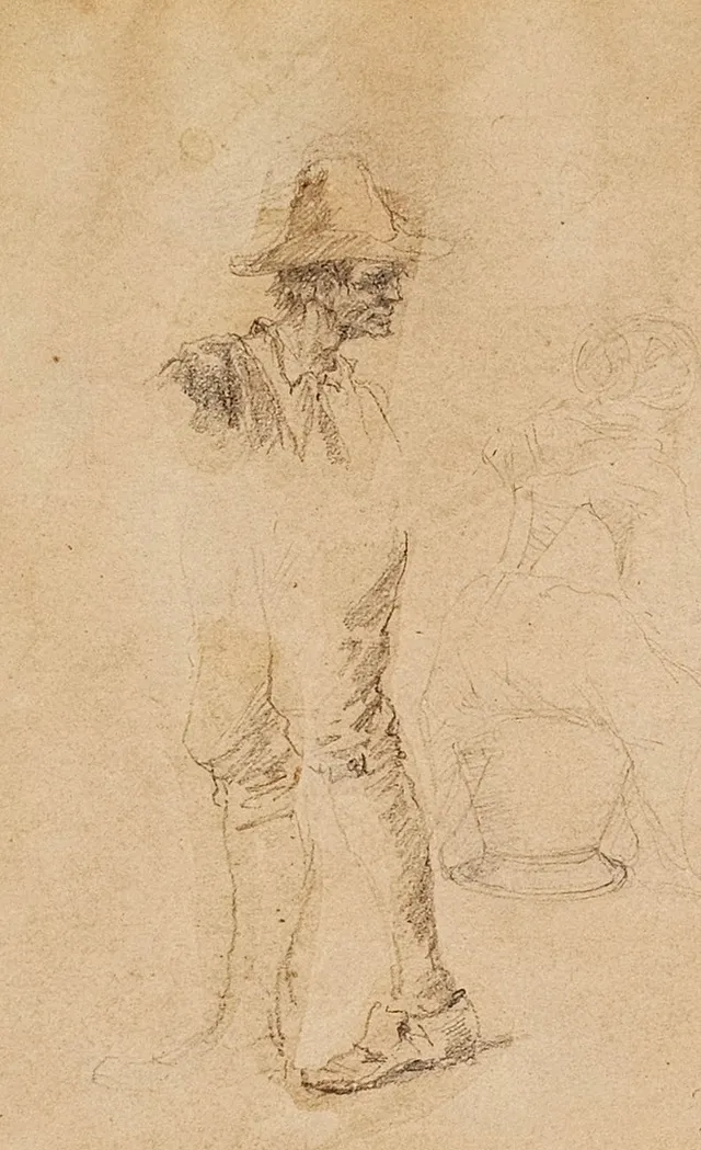 ESCUELA CATALANA. Caballero con sombrero. Lápiz sobre papel.