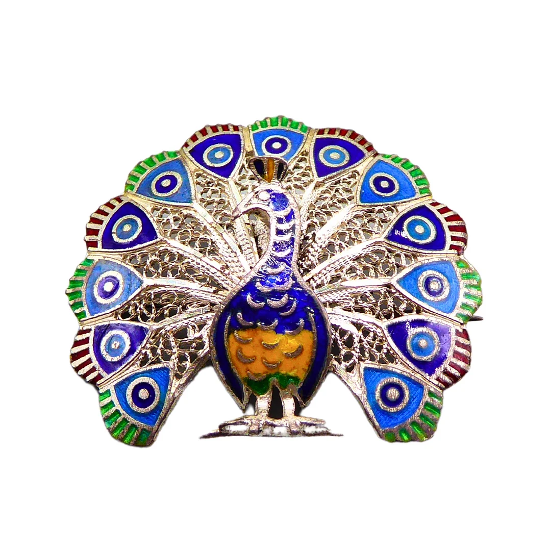 PFAU BROSCHE 925 ER SILBER UND EMAILLEEINLAGE. — Brooches & Pendants — Auktionshaus Stuber's Hammerschlag