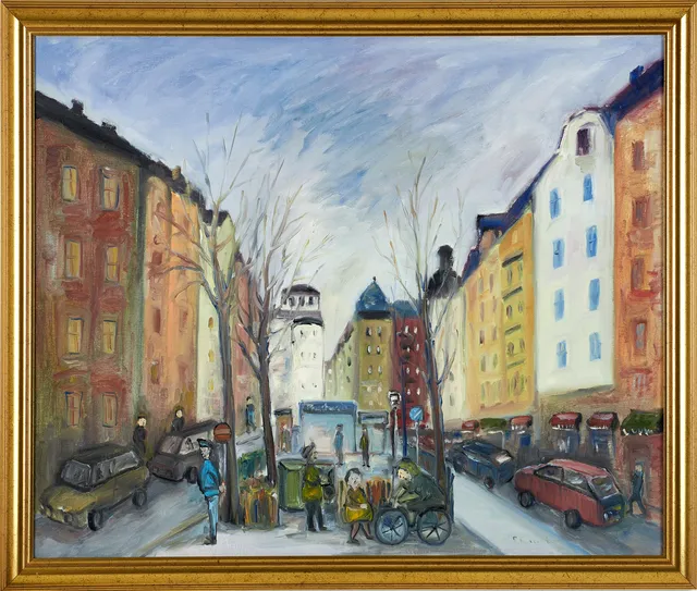 BÖRJE FRYKENSTAM (F. 1936). Stockholmsmotiv, signerad, olja på duk.
