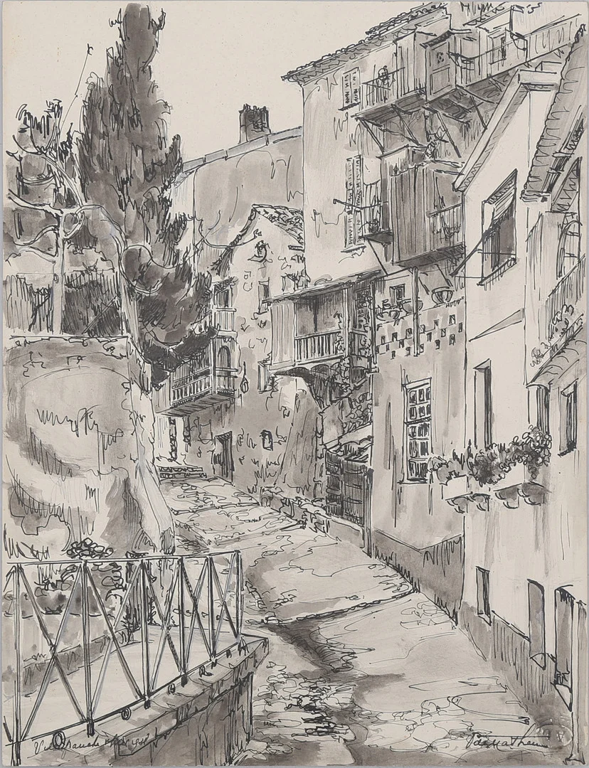 SPANISH SCHOOL, 20TH CENTURY. Village street. — Drawings — Balclis