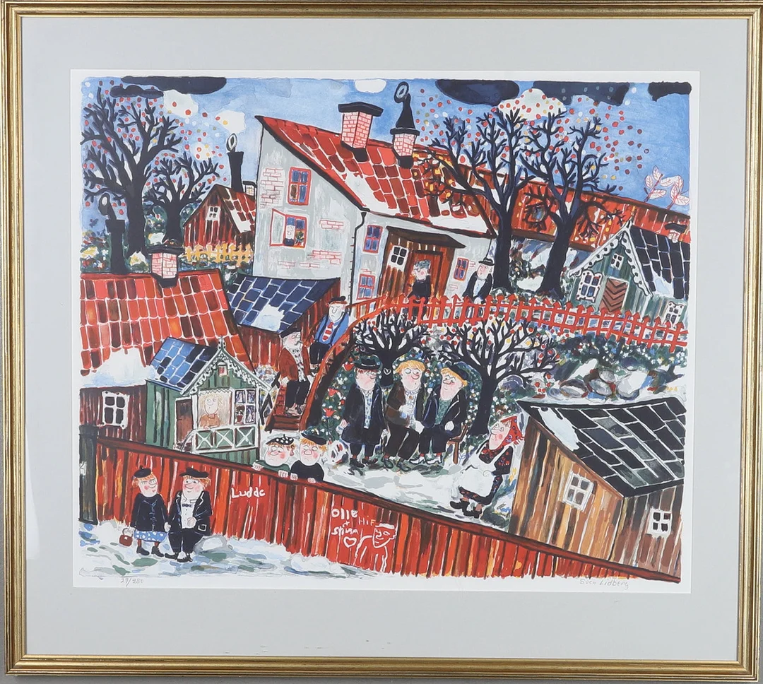 SVEN LIDBERG. Färglitografi, småstad, signerad och numrerad 29/280. — Engravings & Prints — Gomér & Andersson Norrköping