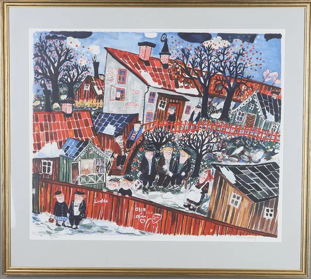 SVEN LIDBERG. Färglitografi, småstad, signerad och numrerad 29/280.