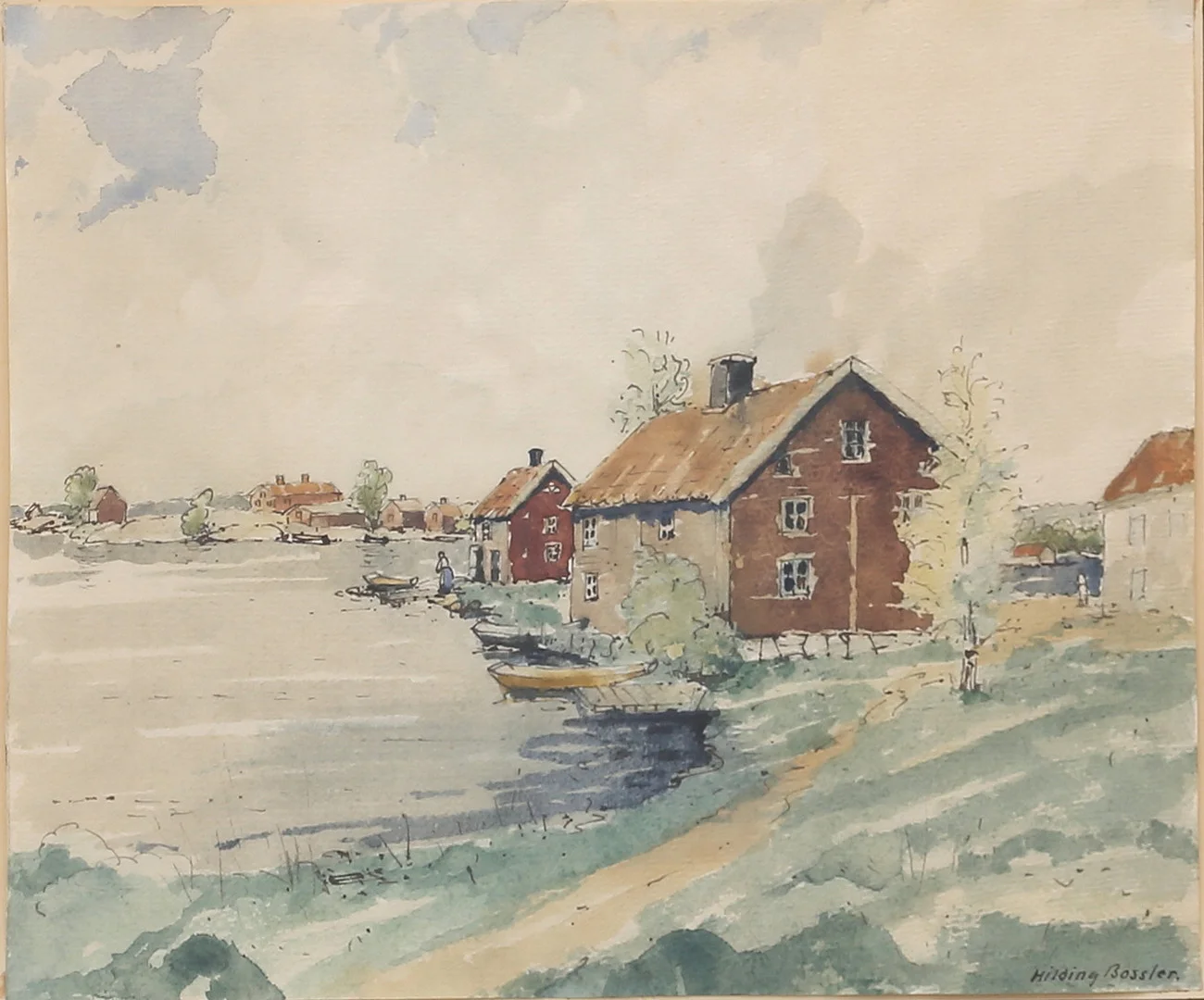 HILDING BOSSLER. Kustbebyggelse, akvarell, signerad. — Paintings — Auktionshuset Thelin & Johansson