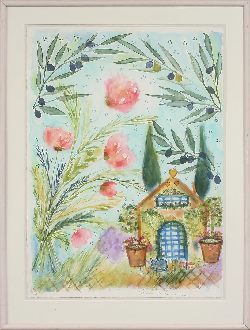 LENA A LINDERHOLM. Blommor och hus, färglitografi, signerad, EA. — Engravings & Prints — Göteborgs Auktionsverk