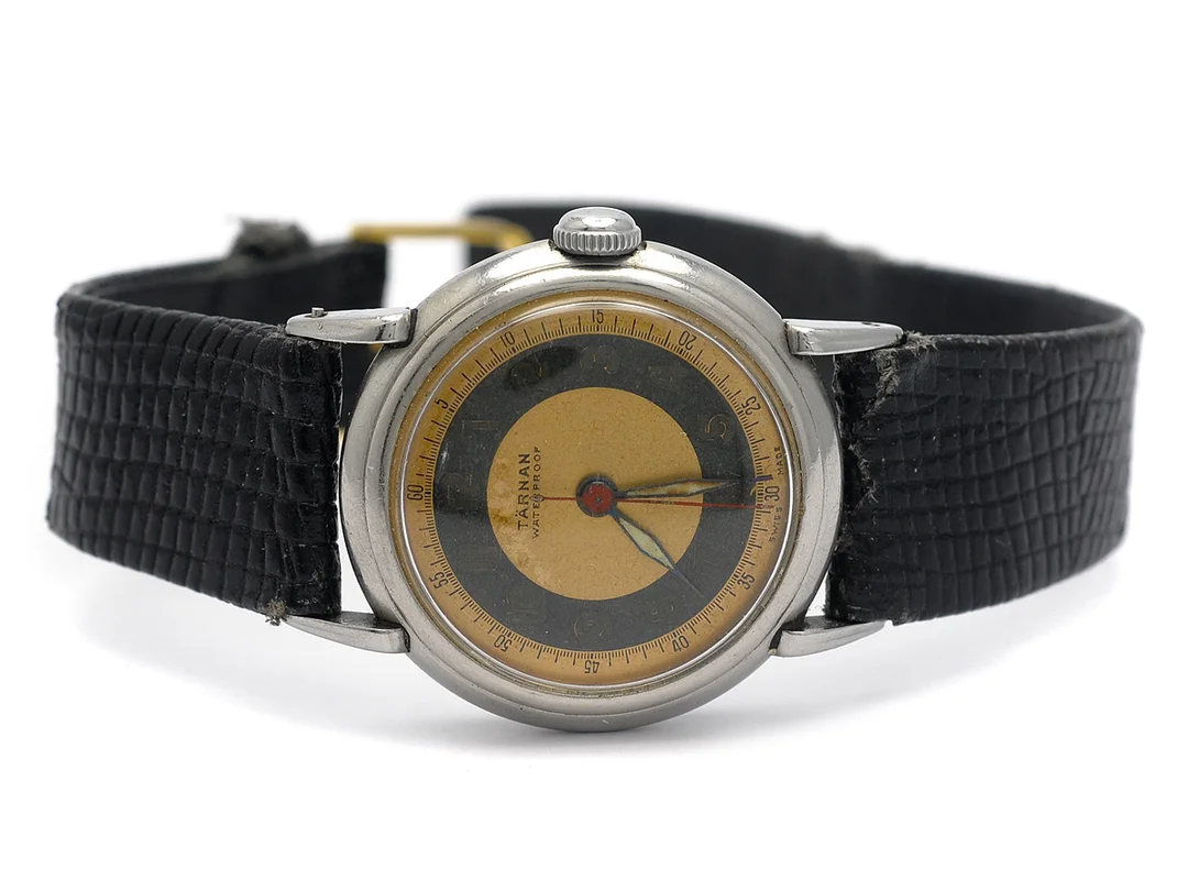 TÄRNAN, herrur, 32 mm, vitmetall, manuell, plexiglas, renoverad urtavla, skadad urtavla, läderband, ca 1955. — Klockor/Tärnan — Kaplans
