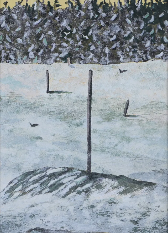 ULF GRIPENHOLM. Vinterlandskap, färglitografi, signerad.