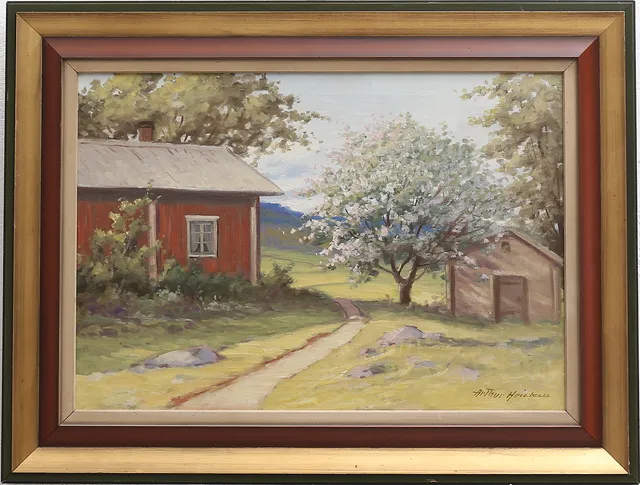 ARTHUR HEICKELL. Landskap med röd stuga. Olja på duk, signerad.