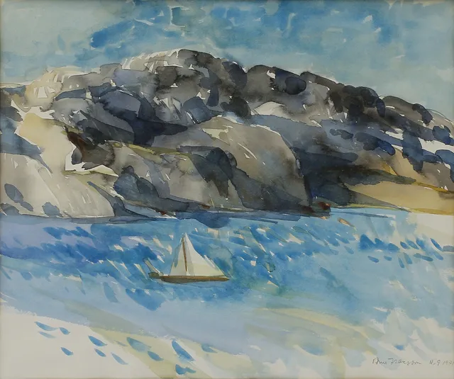 ARNE ISACSSON. "Segelbåt i fjorden", akvarell, signerad och daterad 1971.