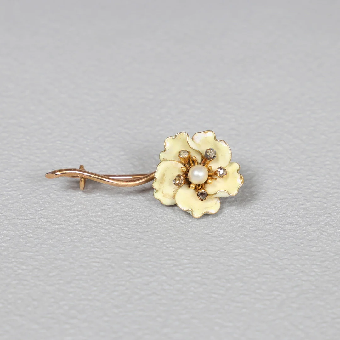 FRENCH ART NOUVEAU ENAMEL, DIAMOND AND PEARL BROOCH. — Brooches & Pendants — Bishop & Miller