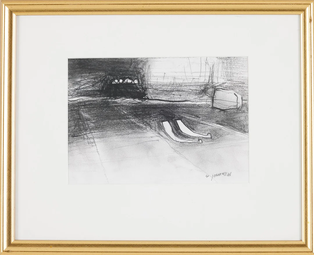 SARA JOHANSSON. Interiör, kolteckning på papper, signerad. — Drawings — Stockholms Auktionsverk Sickla