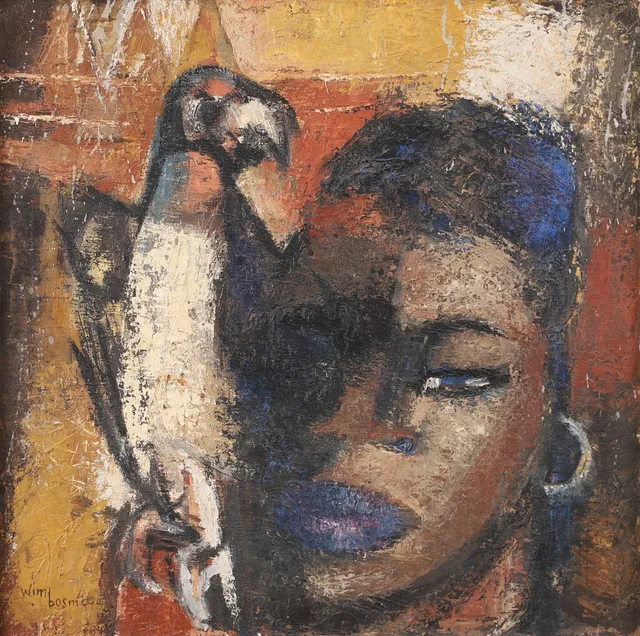 WIM BOSMA. "Woman with bird", olja på duk, signerad.