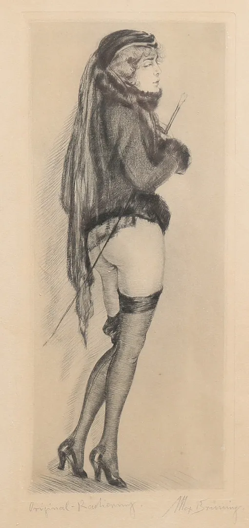 MAX BRÜNING. Lättklädd dam, art deco. Originaletsning, signerad.