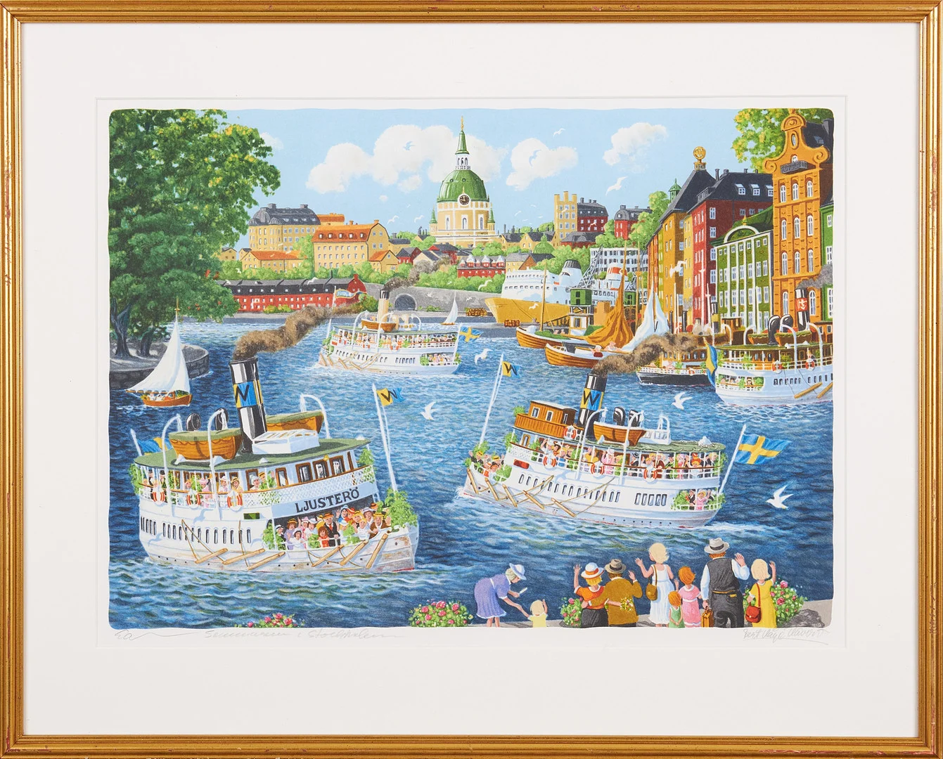 BERT-HÅGE HÄVERÖ. Stockholmsmotiv med Vaxholmsbåtar, Gamla Stan, färglitografi, signerad, EA. — Engravings & Prints — Stockholms Auktionsverk Magasin 5
