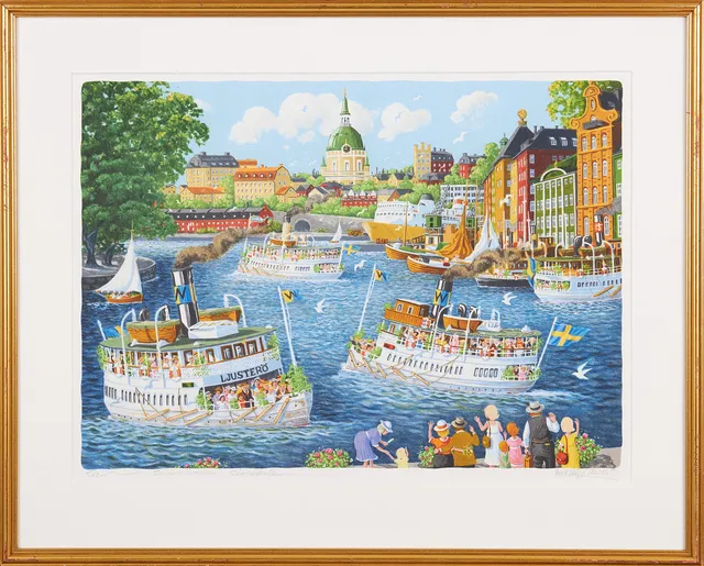 BERT-HÅGE HÄVERÖ. Stockholmsmotiv med Vaxholmsbåtar, Gamla Stan, färglitografi, signerad, EA.