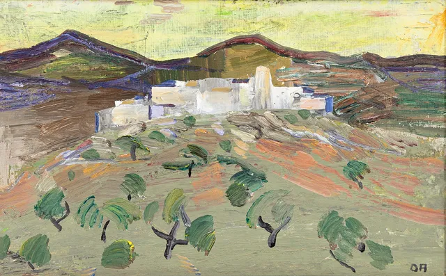 OLOF ARÉN (1918-2003). Sydländsk by, olja på pannå, signerad OA.