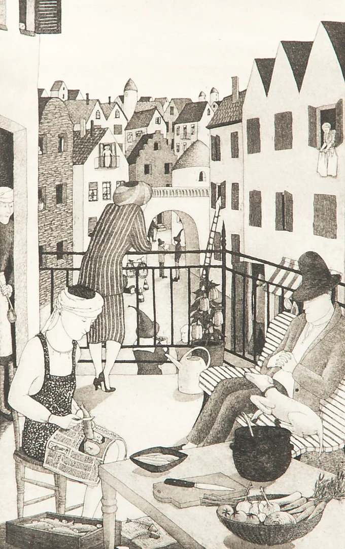 EVA REX. "Balkongen", etsning, signerad 1985. — Engravings & Prints — Helsingborgs Auktionskammare