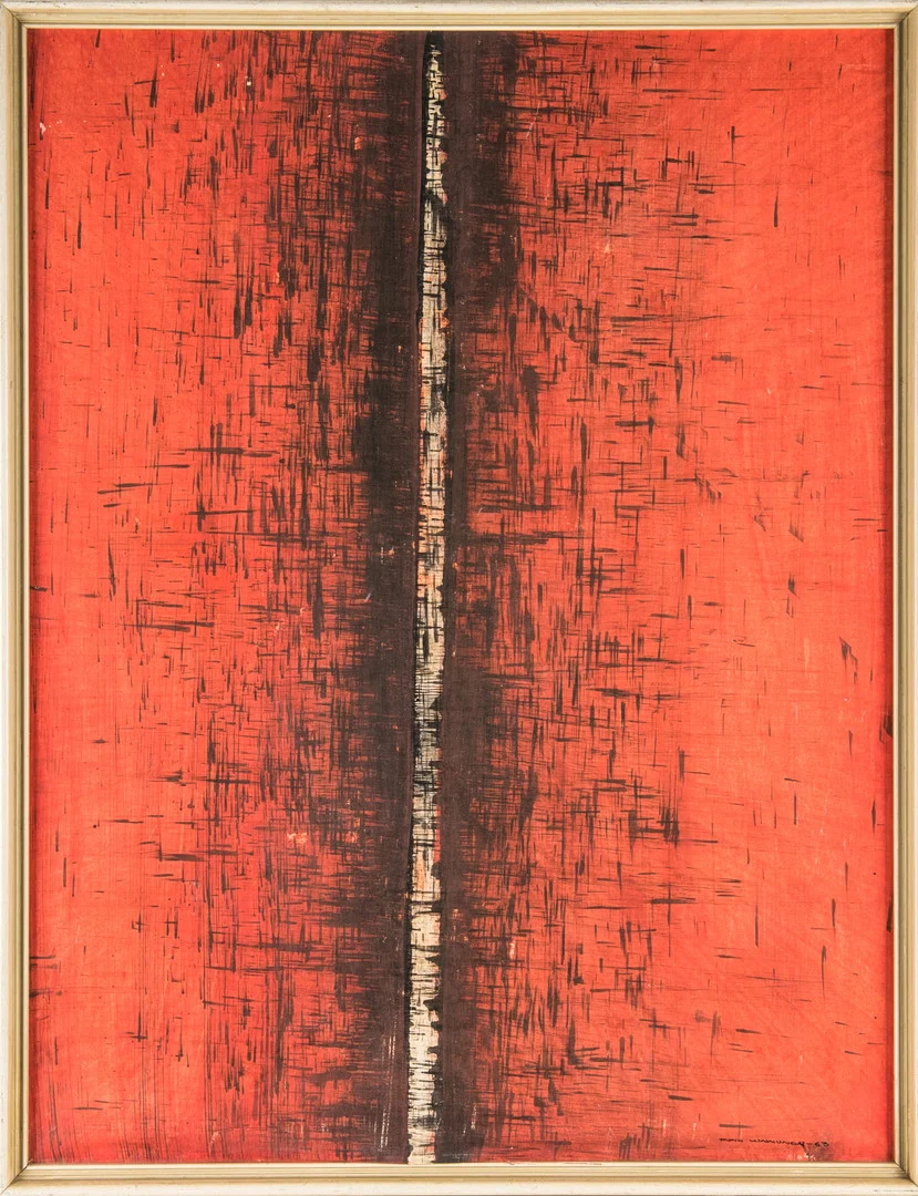 TAPIO KINNUNEN (1934-1981). Ränna på rött, signerad samt daterad -63, blandteknik på papper. — Paintings — Stockholms Auktionsverk Helsinki