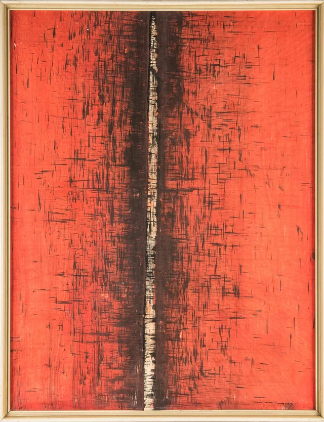 TAPIO KINNUNEN (1934-1981). Ränna på rött, signerad samt daterad -63, blandteknik på papper.