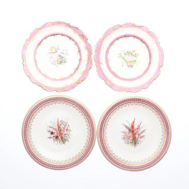 PAIR OF 19TH CENTURY WORCESTER BOTANICAL PLATES, AND A PAIR OF COALPORT BOTANICAL DESSERT PLATES. (4).