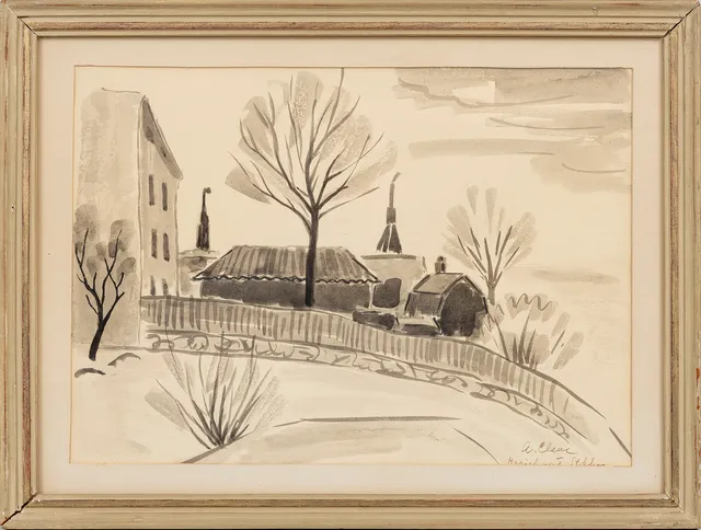 AGNES CLEVE. "Mariaberget Stockholm", tuschteckning, signerad A.Cleve.