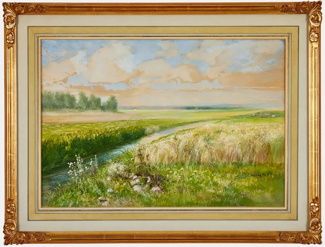ANNA BILLING. Sommarlandskap med blomster vid å, akvarell, 42 x 63 cm.
