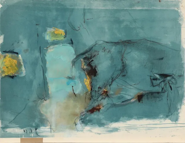 Cow Stable. Signed OH. Hand-coloured lithograph and oil paint. Sheet size 59 × 75 cm. Unframed.