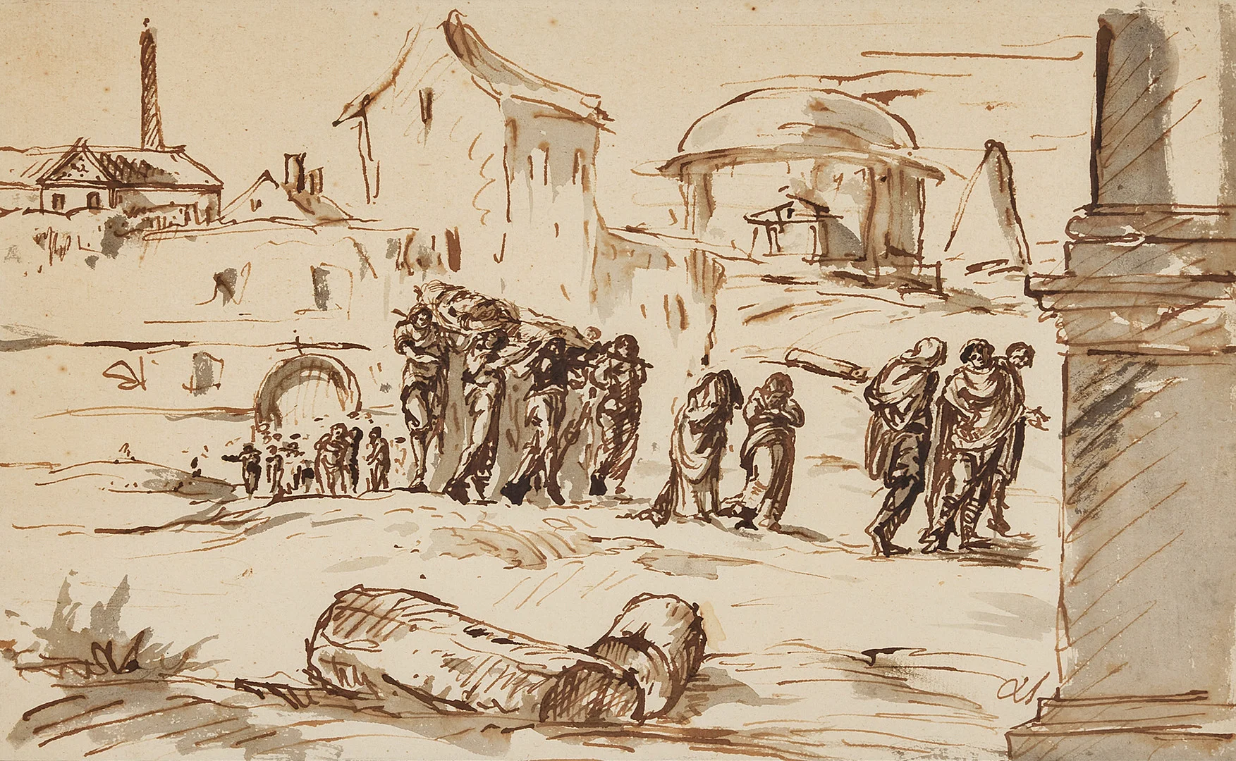 CARL AUGUST EHRENSVÄRD. Antikiserande landskap med begravningståg, tuschlavering, 20x32 cm. — Drawings — Stockholms Auktionsverk Fine Art
