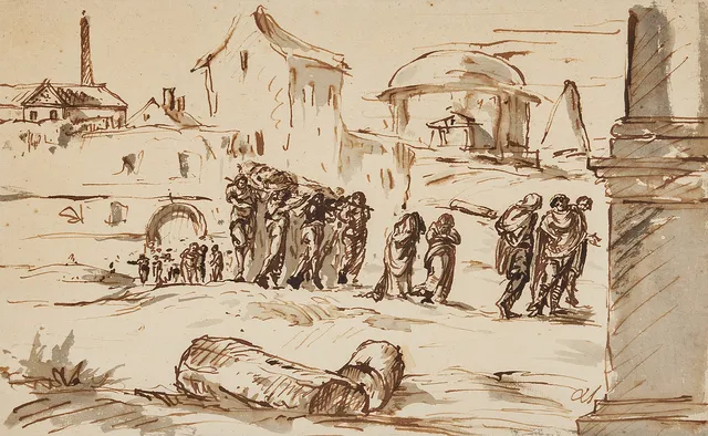 CARL AUGUST EHRENSVÄRD. Antikiserande landskap med begravningståg, tuschlavering, 20x32 cm.