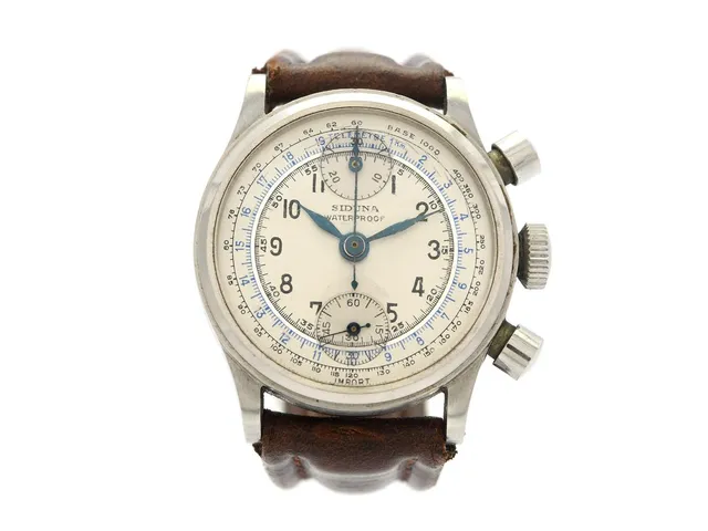SIDUNA, Waterproof, "Baby Chronograph", Cal Venus 170, Boett nr. 253668 / 1771 / 771, kronograf, herrur, 32,5 mm, stål, manuell, plexiglas (skadat), skadad urtavla, läderband, ca 1950.
