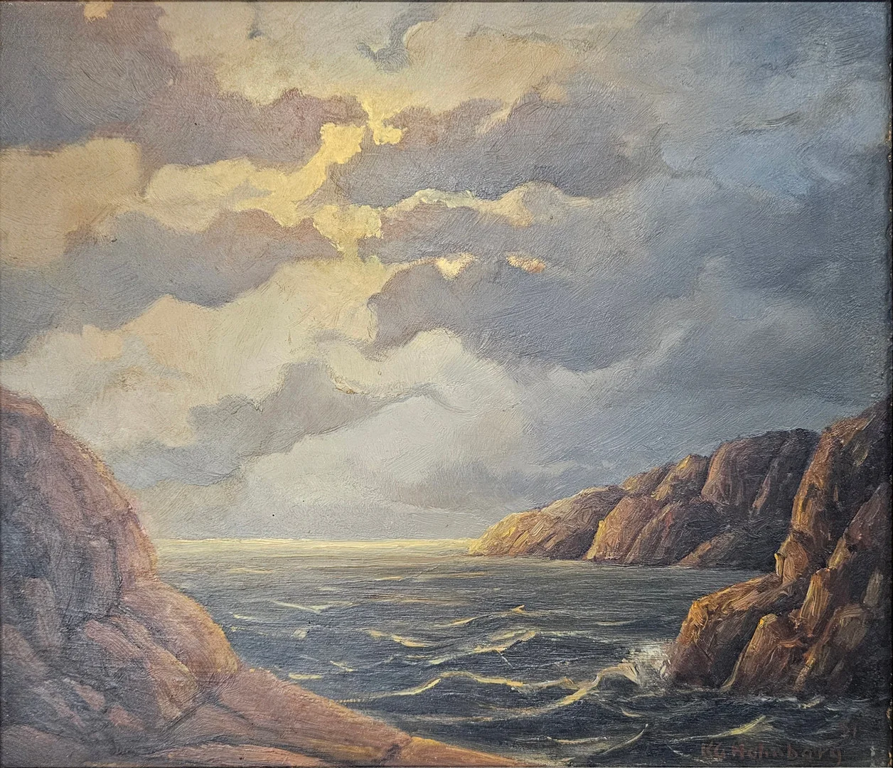 KG HOLMBERG. Kustlandskap. Olja på pannå, signerad KG Holmberg. — Paintings — Auktionshuset Thörner & Ek