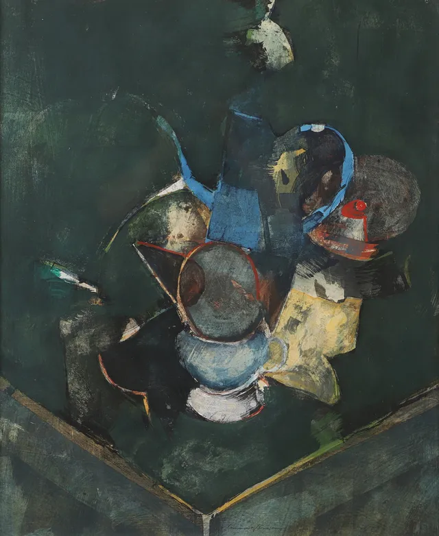 LENNART JÖNSSON. "Målarbordet", blandteknik, signerad.