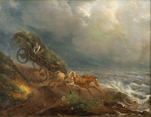 MARCUS LARSON. Olja på duk, motiv med skenande hästspann, monogramsignerad ML.