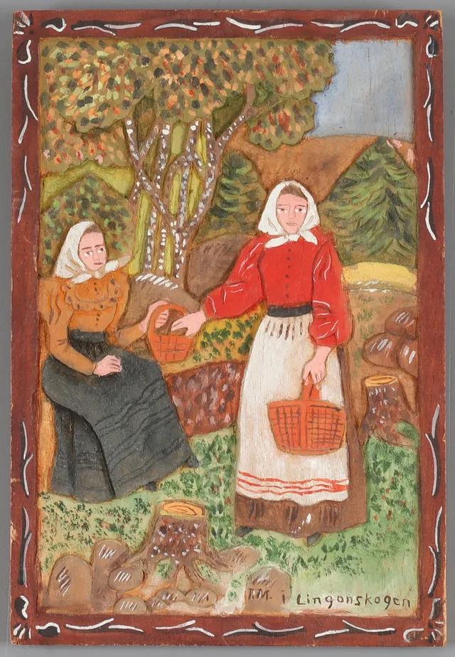 IDA MALM. Trärelief, "Lingonskogen", monogramsignerad.