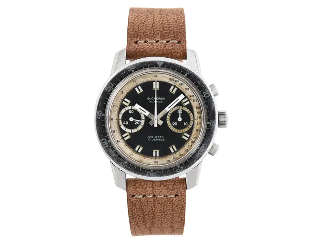 BUCHERER, "Incabloc" (T Swiss Made T, 20 ATM), kronograf, herrur, 40,5 mm, Cal Valjoux 7733, Boett nr. 6886 / 1382, stål, manuell, plexiglas, boett signerad "Charles Gigandet", läderband, ca 1970.