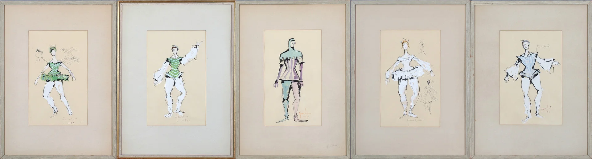 YNGVE GAMLIN. 5 st, dräktskisser till Törnrosa, blandteknik, signerade och daterade. — Paintings — Stadsauktion Sundsvall