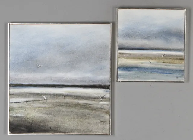 OLLE LINDGREN. 2 st, Strand med sjöfåglar. olja på duk, signerade.