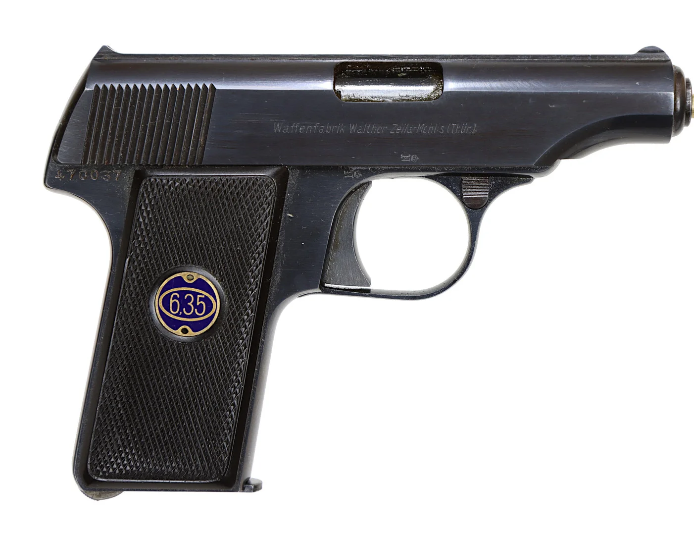 PISTOL, Halvautomatisk, fabrikat Walther Zella Mehlis, modell 8, kaliber 6,35mm, tillv.nr 470037, se-nr begagnad. — Pistols — Walter Borg