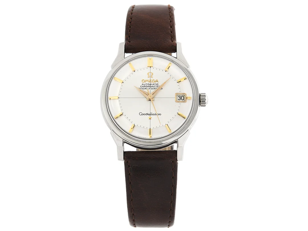 OMEGA, Constellation Calendar (Swiss Made T), Chronometer, s.k. "Pie-Pan", Cal 561, Serie nr. 23051852, Ref nr. ST 168.0005, Boett nr. 168.005 (SGR), herrur, 34 mm, stål, automatisk, plexiglas, datum, läderband, originalspänne i stål, ca 1966, box. — Klockor/Omega — Kaplans