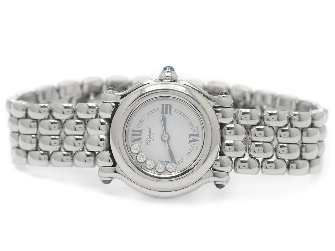 CHOPARD, Genève, Happy Sport, Ref nr. 27/8250-23, Boett nr. 739059 / 8245, damur, 26, mm, stål, quartz, safirglas, datum, skadad urtavla, briljanter (5 st. TW/VVS), safirer (5 st.), originallänk, viklås, ca 2000. — Klockor/Chopard — Kaplans