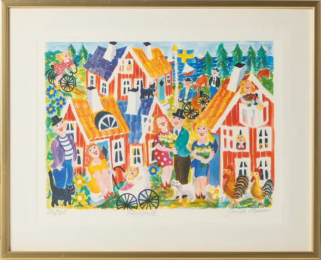 GUNILLA MANN. Färglitografi, "Festefolk", signerad samt numrerad.