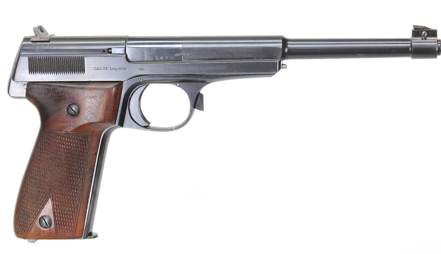 41. PISTOL, tysk, Halvautomatisk, fabrikat Walter Zella-Mehlis, modell Olympia, kaliber .22LR, tillv.nr 4597, se-nr SE1430765. — Pistols — Walter Borg