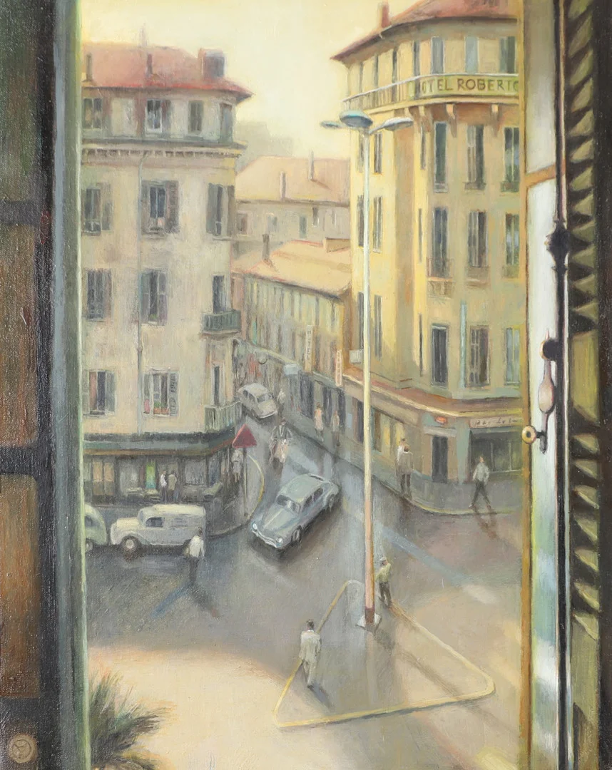 MATS ÅKERMAN. Gatukorsning, olja på duk, monogramsignerad. — Paintings — Helsingborgs Auktionskammare