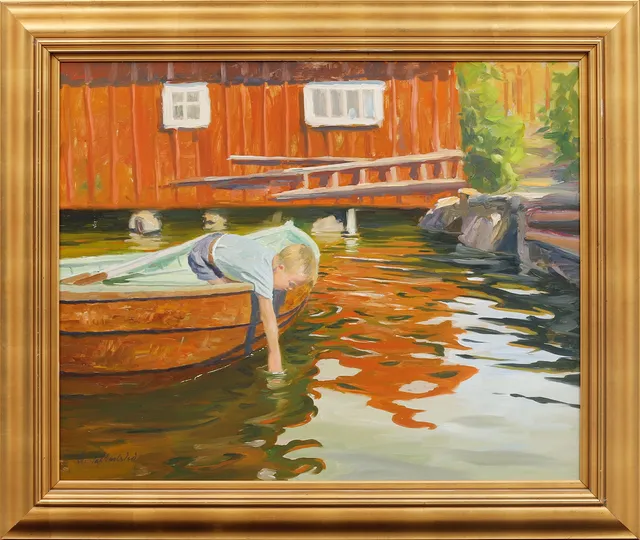 GUSTAF CARLSTRÖM. "Vattenkonster", olja på pannå, signerad.
