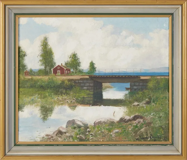 SIMEON ÖQUIST (1868-1955. Gamla järnvägsbron över Vesterbohyttan, oljemålning på duk, signerad och daterad Simeon Öquist 49.