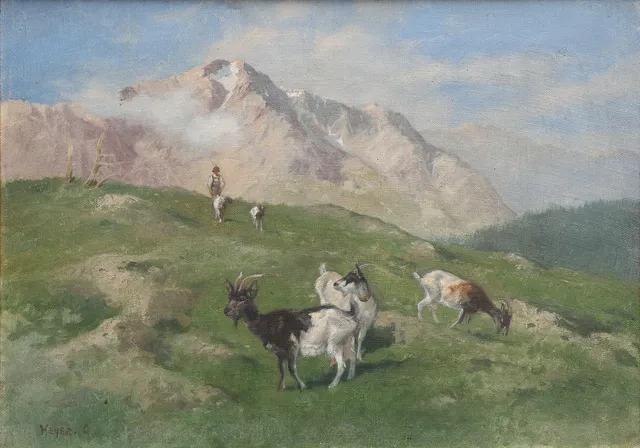 ARTHUR HEYER. ALPLANDSKAP MED HERDE OCH GETTER.