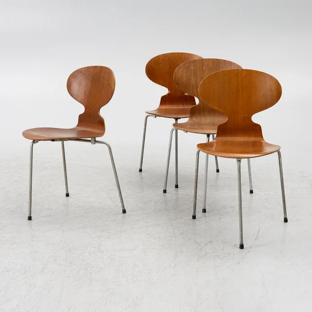Arne Jacobsen, stolar, 4 st, "Myran", Fritz Hansen, Danmark, 1950/60-tal.