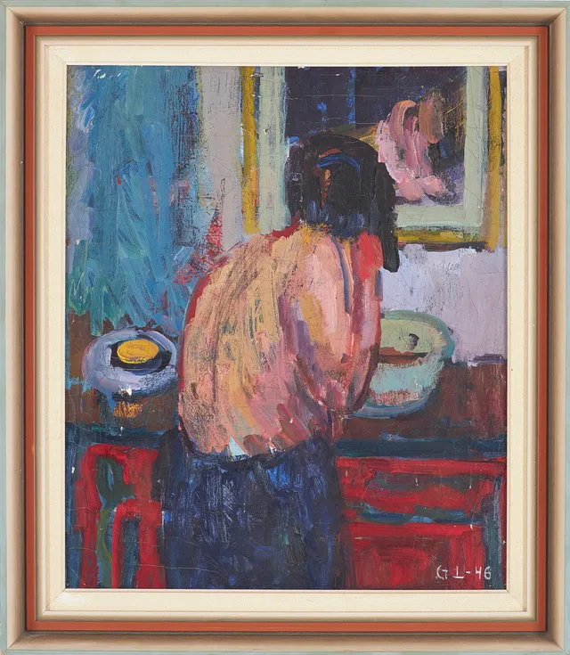 GERHARD LARSSON. Kvinna i interiör, olja på duk, monogramsignerad, daterad 1946.