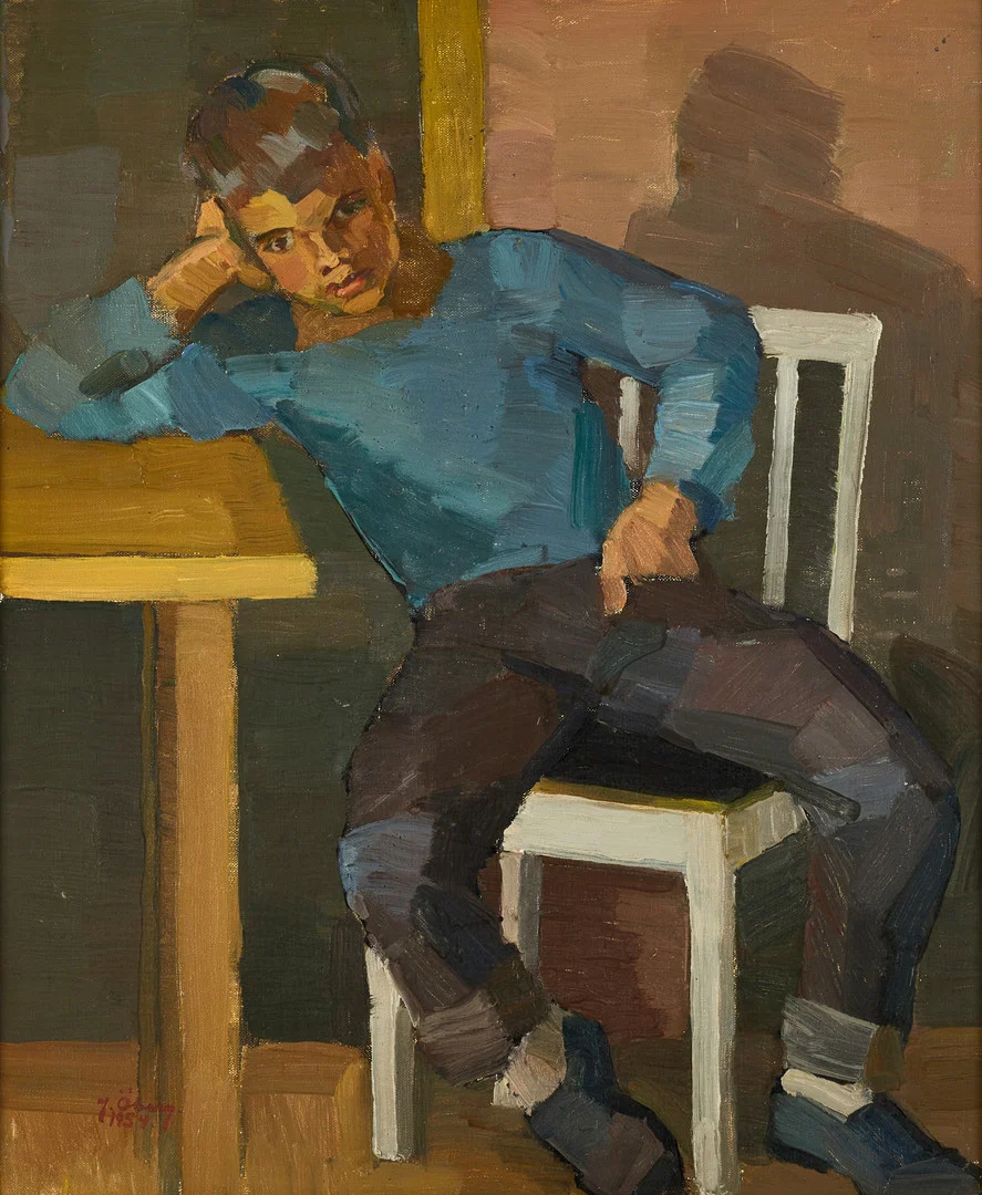 JOSEF ÖBERG (1890-1967), Sittande pojke i blå tröja, signerad och daterad 1954, olja på pannå. — Paintings — Crafoord Auktioner Stockholm